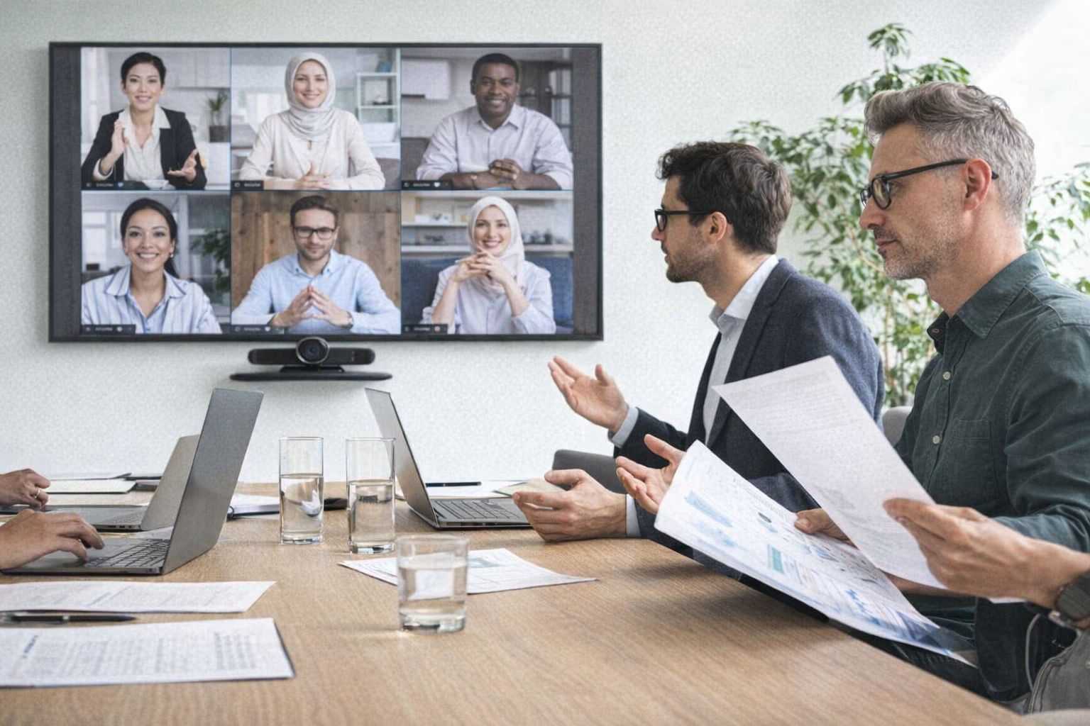 Hybridmöte i ett modernt mötesrum i Stockholm med stor skärm.